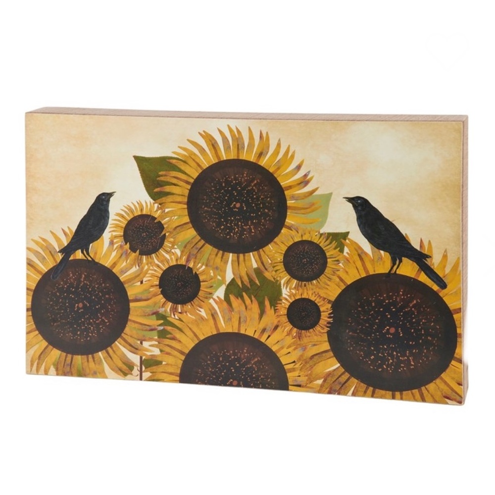 Rustic Wooden box sign Primitive old Crow & Sunflowers Collection Home or Office